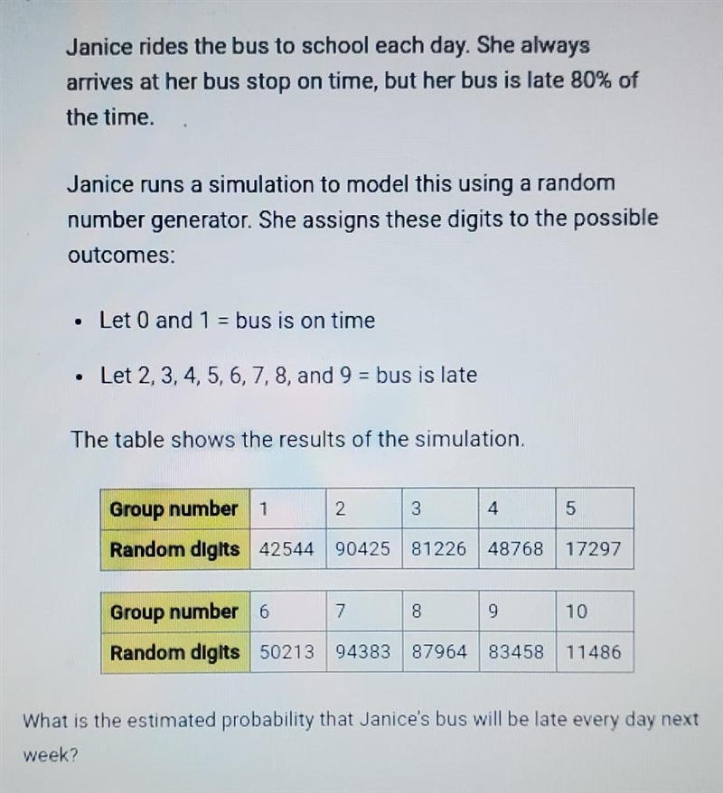 Janice rides the bus to school each day. She always arrives at her bus stop on time-example-1