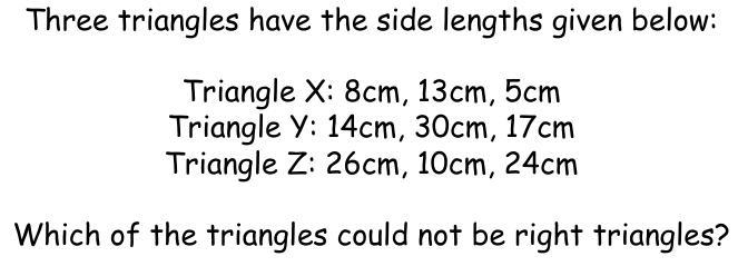 Three triangles have the side lengths given below: Triangle X: 8cm, 13cm, 5cm Triangle-example-1