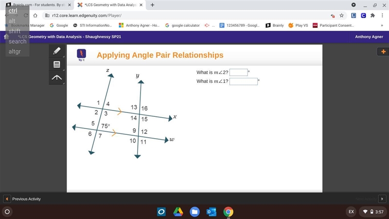 What is angle 2 equal? What is angle 1 equal?-example-1