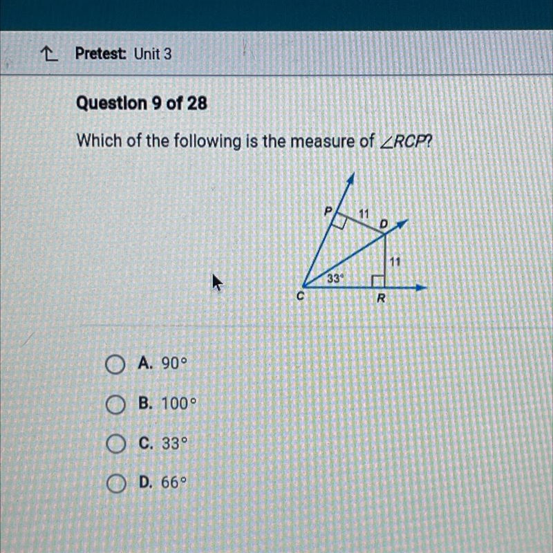 Which of the following is the measure of ZRCP? P 11 D 11 33 R A. 90° B. 1000 C. 339 D-example-1