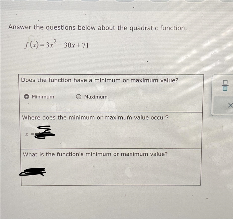 Please find where the minimum value occurs. And find the minimum value.-example-1