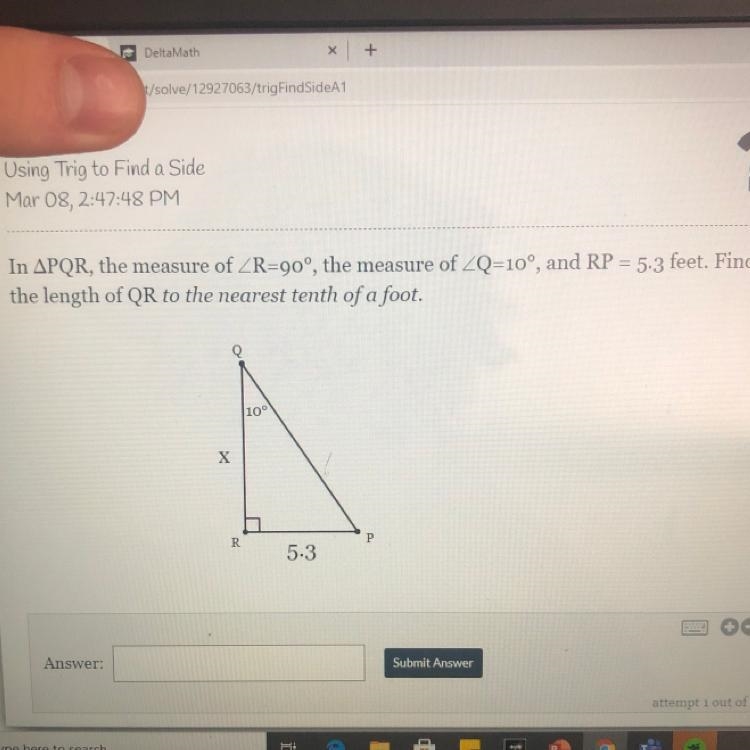 In APQR, the measure of _R=90°, the measure of ZQ=10°, and RP = 5-3 feet. Find the-example-1