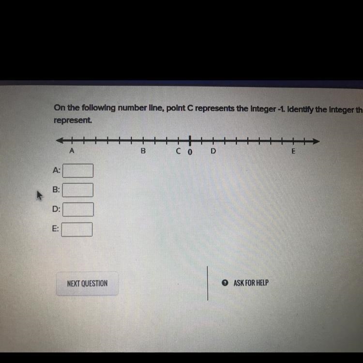 On the following number line, point C represents the integer -1. Identify the integer-example-1