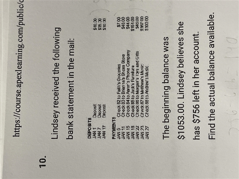 The beginning balance was 1053.00 Lindsay believes she has 756 left in her account-example-1