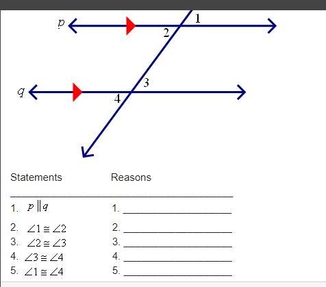 PLEASE HELP !! Given that p II q, fill in the reasons why each statement is true.-example-1