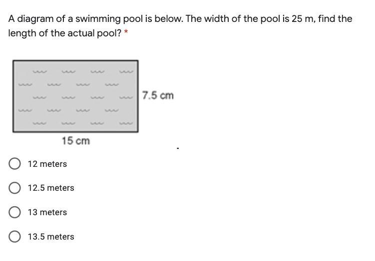 A diagram of a swimming pool is below. The width of the pool is 25 m, find the length-example-1