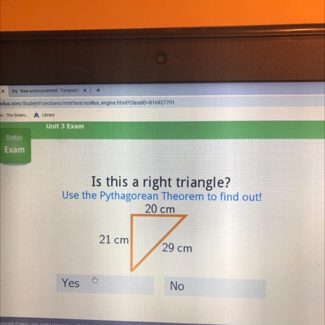 Llam Is this a right triangle? Use the Pythagorean Theorem to find out! 20 cm 21 cm-example-1