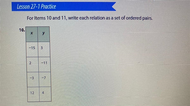 For items 10 and 11, write each relation as a set of ordered pairs.-example-1