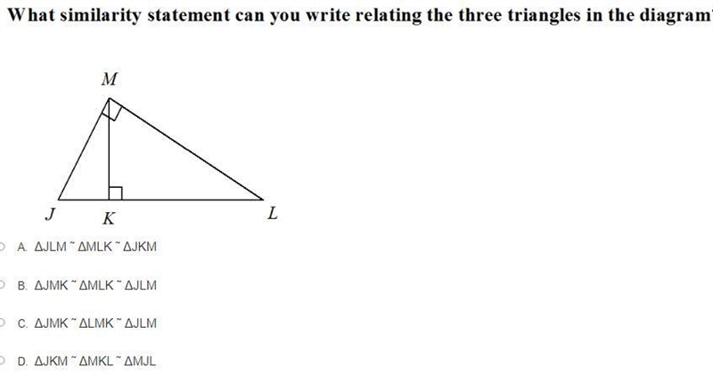 What similarity statement can you write relating the three triangles in the diagram-example-1