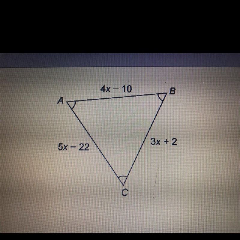 What is the value of x? Enter your answer in the box. AB= 4x-10 BC= 3x+2 AC= 5x-22 X-example-1