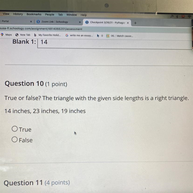 True or false? The triangle with the given side lengths is a right triangle. 14 inches-example-1