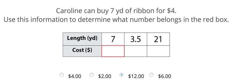 Caroline can buy 7 yd of ribbon for $4. Use this information to determine what number-example-1