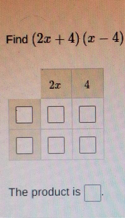 Find (2x+4) (x-4) using the table of products. write your answer in standard form-example-1