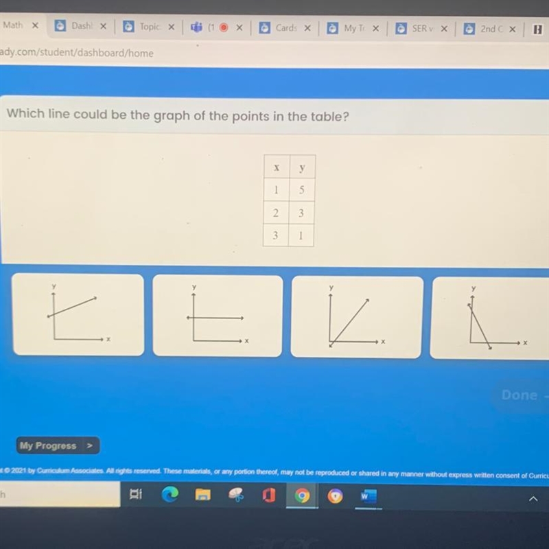 Which line could be the graph of the points in the table?-example-1