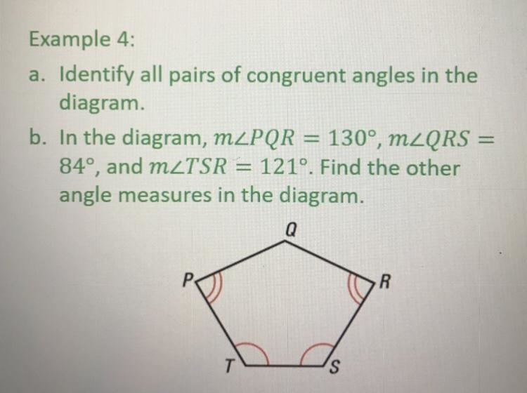 A. Identify all pairs of congruent angles in the diagram. b. In the diagram, the measure-example-1