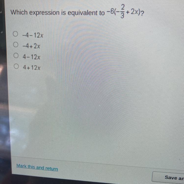 Which expression is equivalent to -66-3 + 2x)? -4-12x -4+2x 4-12x 4+ 12x-example-1