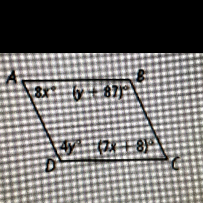 ABCD is a parallelogram. Find the values of x and y.-example-1