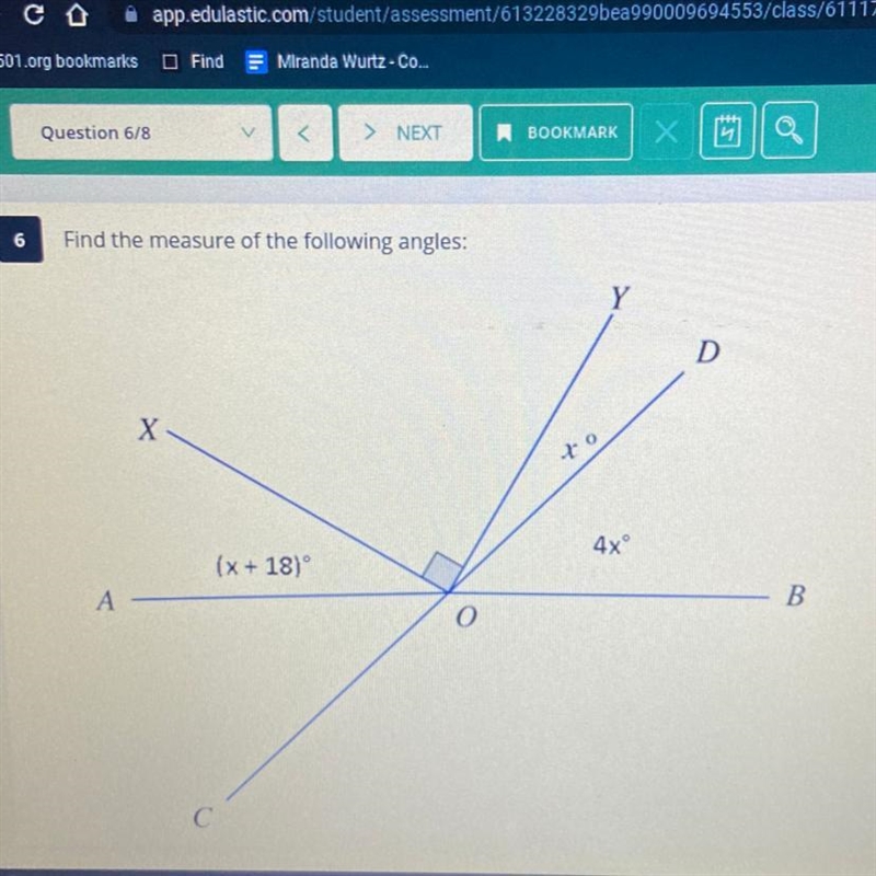 Please help me!! Find the measure of the following angles: D X o 4xº (x + 18)° B А-example-1