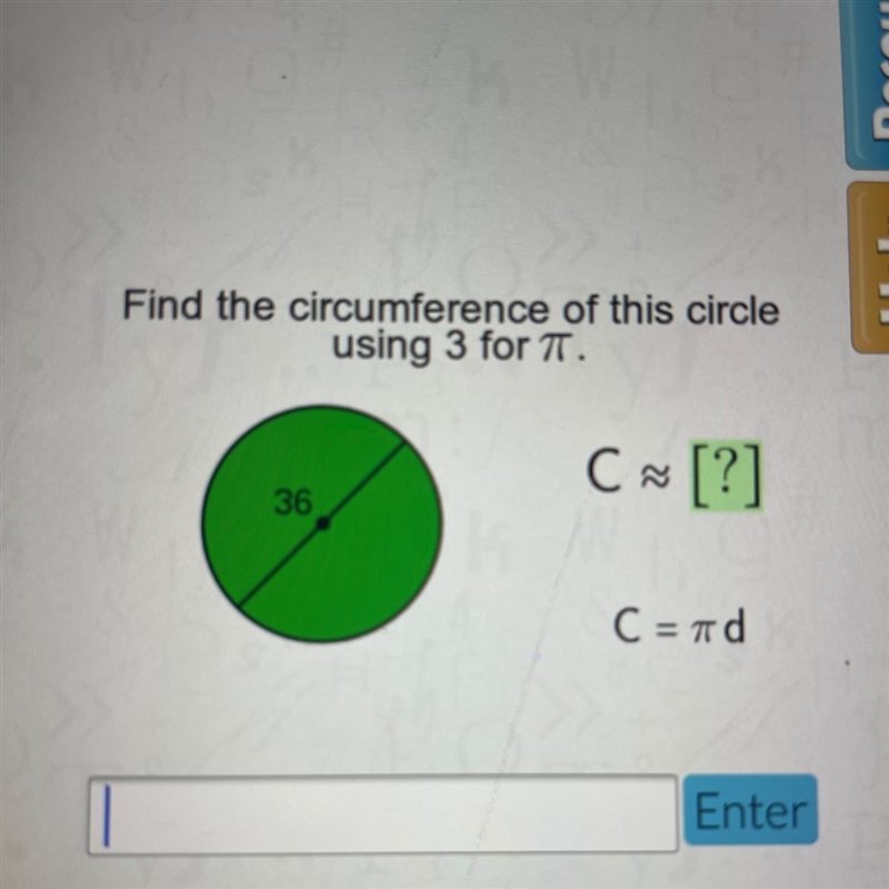 Find the circumference of this circle using 3 for TT. C = ?-example-1