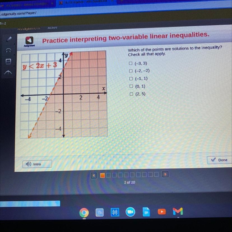 Worth 20 points !! need help asap ! Which of the points are solutions to the inequality-example-1