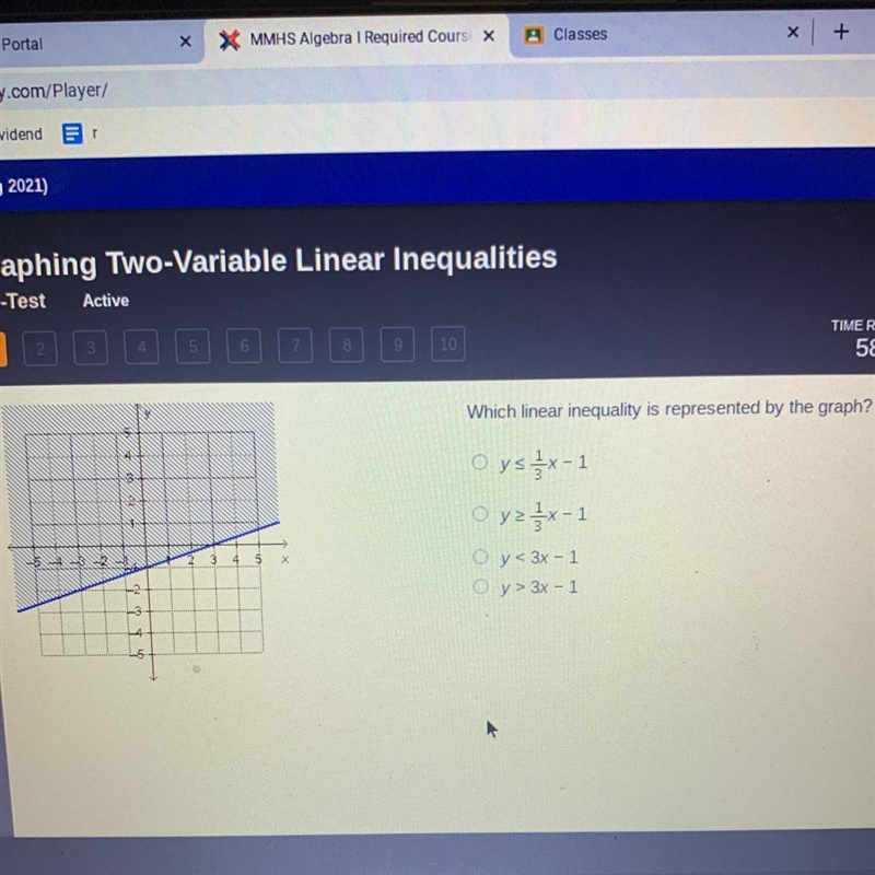 Which linear inequality is represented by the graph? Oys1x-1 O ya x-1 O y < 3x-example-1