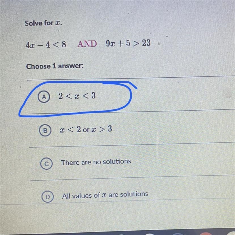 Show me the work to 4x-4<8 and 9x+5>23. The answer is already shown. (Geometry-example-1