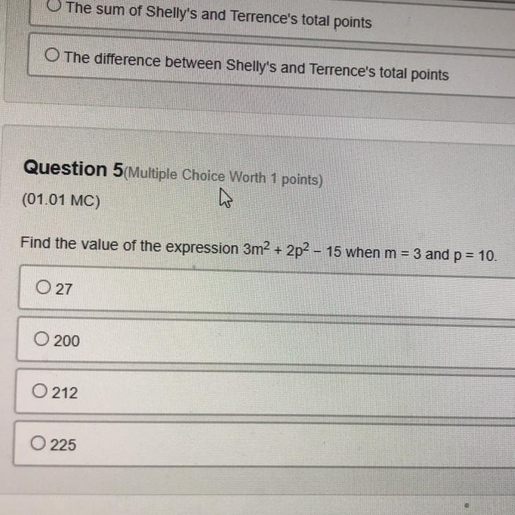 Find the value of the expression 3m^2 + 2p^2 - 15 when m = 3 and p = 10 ( 9th grade-example-1