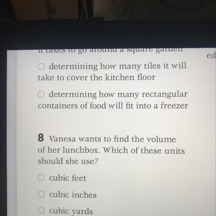 8 Vanesa wants to find the volume of her lunchbox. Which of these units should she-example-1