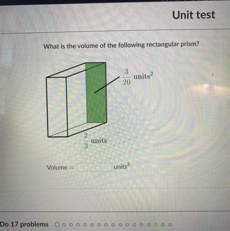 What is the volume of the following rectangular prism? 3 20 units2 2. units 3 Volume-example-1