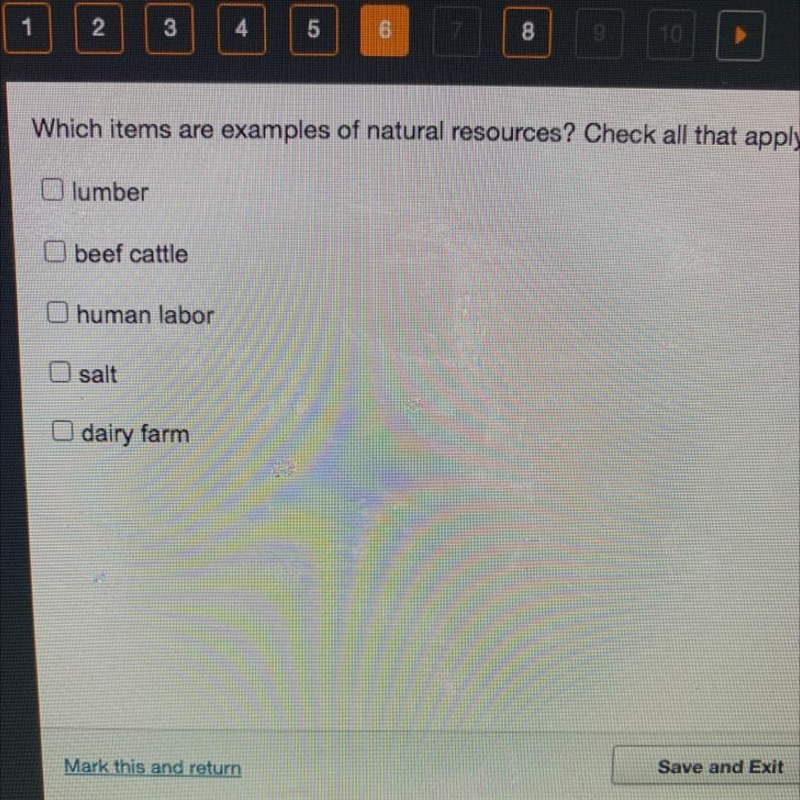 Which items are examples of natural resources? Check all that apply. A. lumber B. beef-example-1