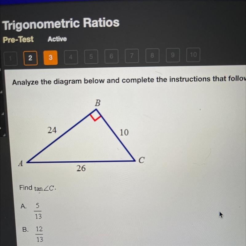 Find tan angle c A.5/13 B. 12/23 C. 12/5 D. 13/5-example-1