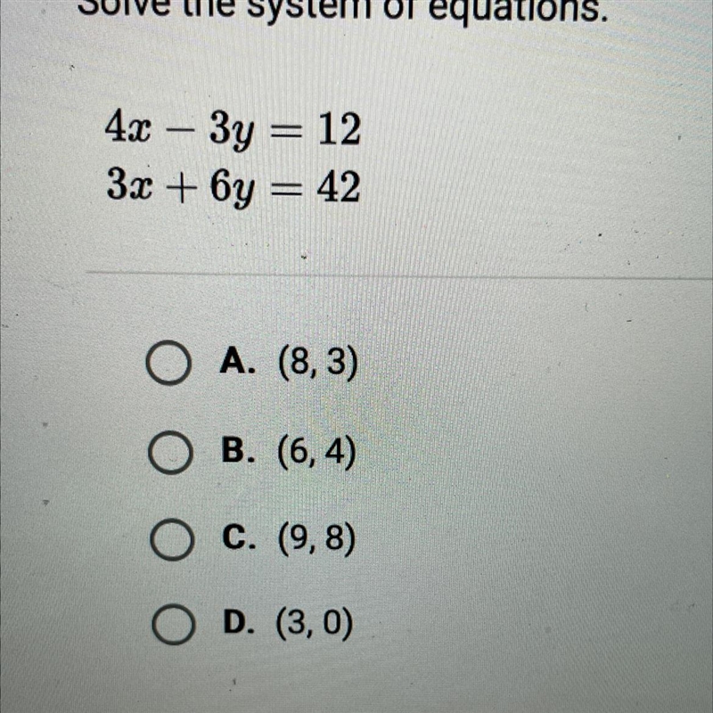 Solve the system of equations. 4х – 3y = 12 3х + 6у = 42-example-1