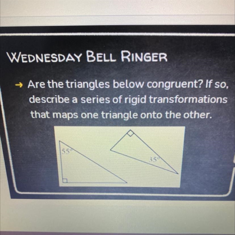 → Are the triangles below congruent? If so, describe a series of rigid transformations-example-1