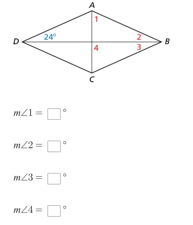 Find the measures of the numbered angles in rhombus ABCD.-example-1