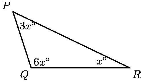 What, in degrees, is the measure of the largest angle in $\triangle PQR?$-example-1