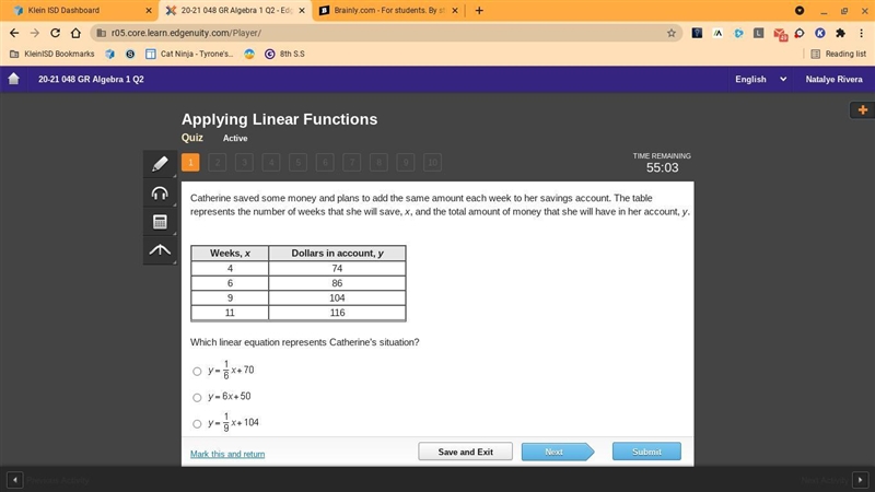 Which linear equation represents Catherine’s situation?-example-1