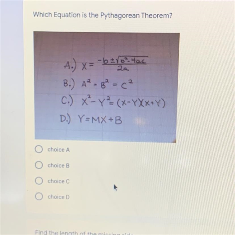 Which equation is the Pythagorean theorem-example-1