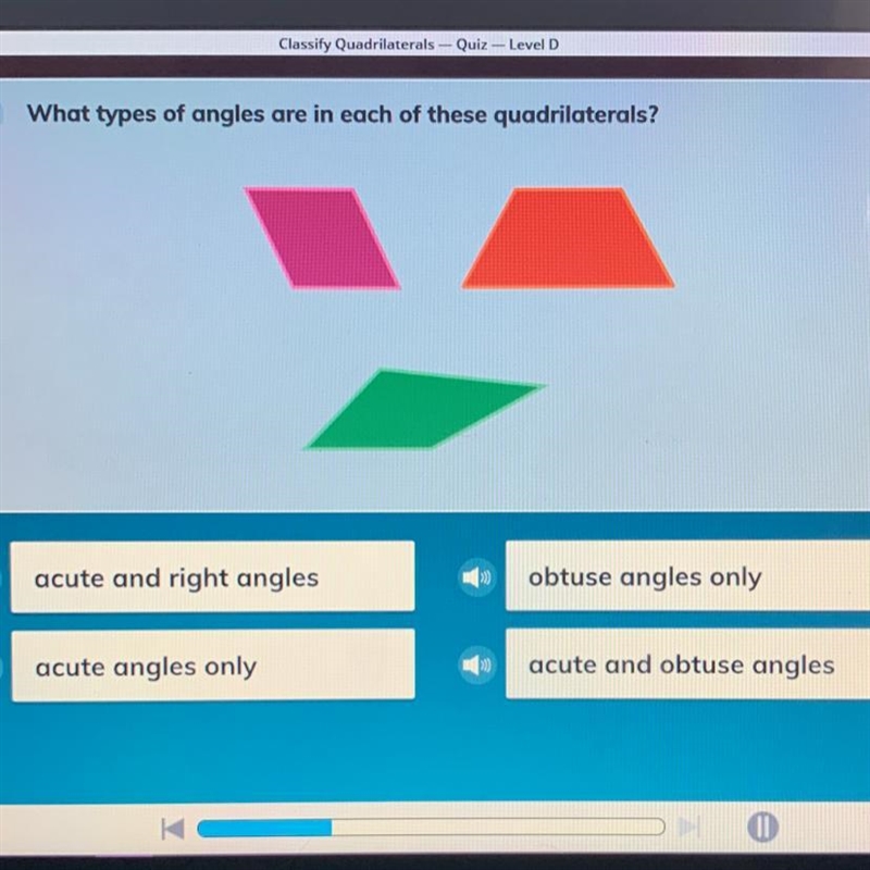 Help fast please What types of angles are in each of these quadrilaterals? acute and-example-1