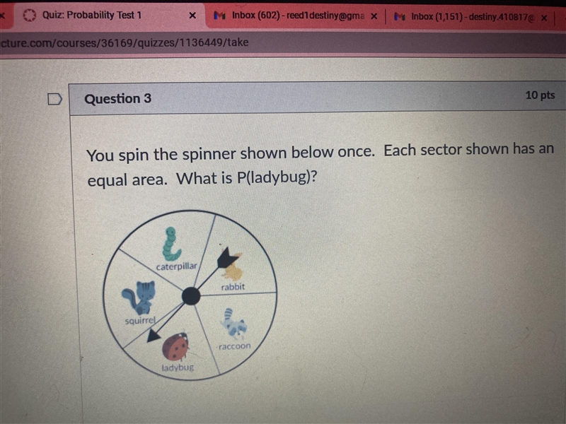 You spin the spinner shown below once. each sector shown has an equal area. what is-example-1