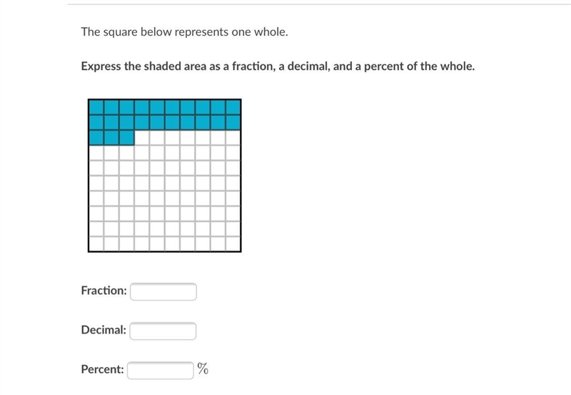 The square below represents one whole. Express the shaded area as a fraction, a decimal-example-1