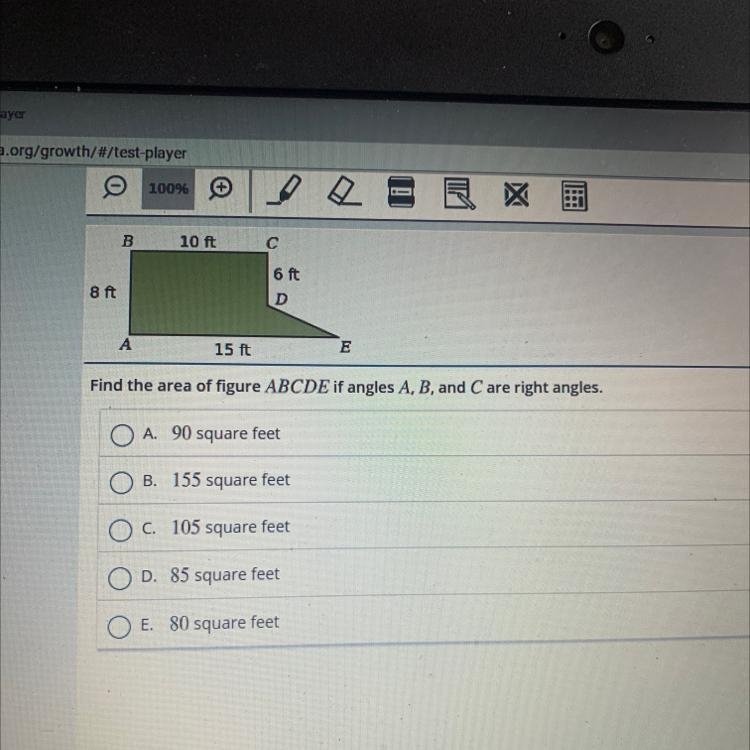 Find the area of figure ABCDE if angles A, B, and C are right triangle-example-1