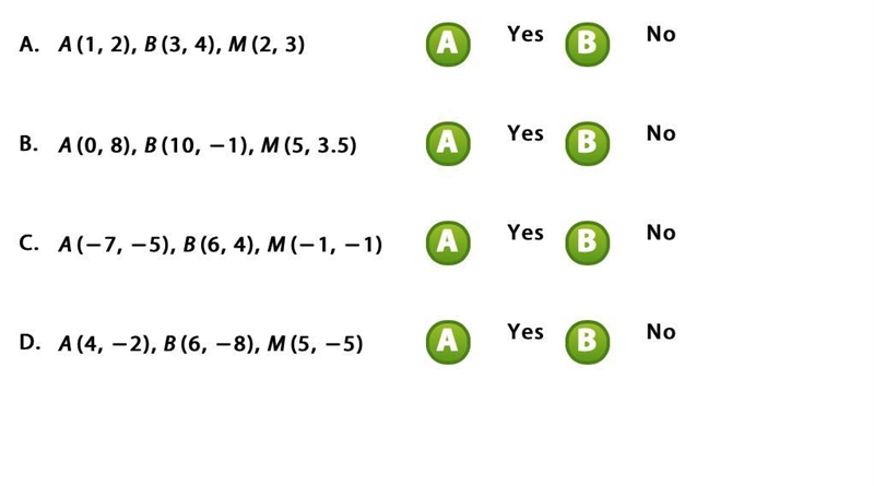 Is Point M the midpoint of AB? Select Yes or No for each statement.-example-1