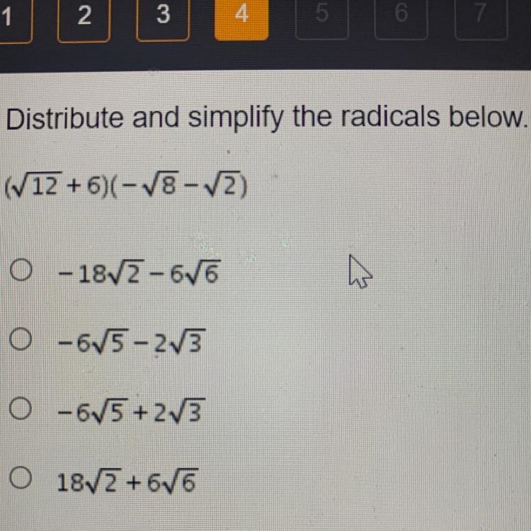 Distribute and simplify the radicals below-example-1