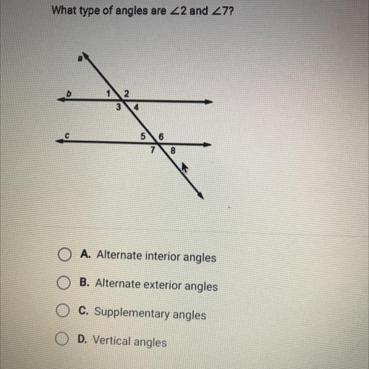 What type of angles are 22 and 27?-example-1