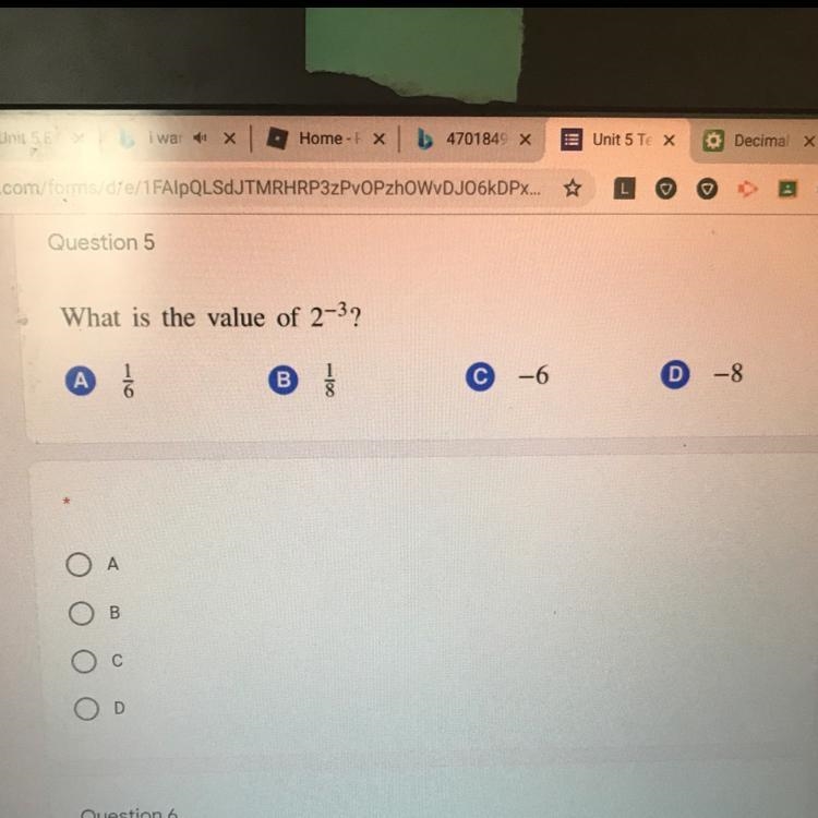 What is the value of 2^-3? please answer with one of the options given belown (a,b-example-1