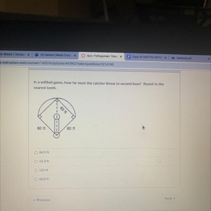 In a softball game, how far must the catcher throw to second base? Round to the nearest-example-1