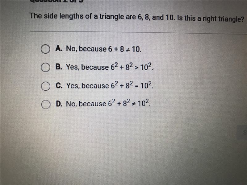 The side lengths of a triangle are 6, 8, and 10. Is this a right triangle?-example-1