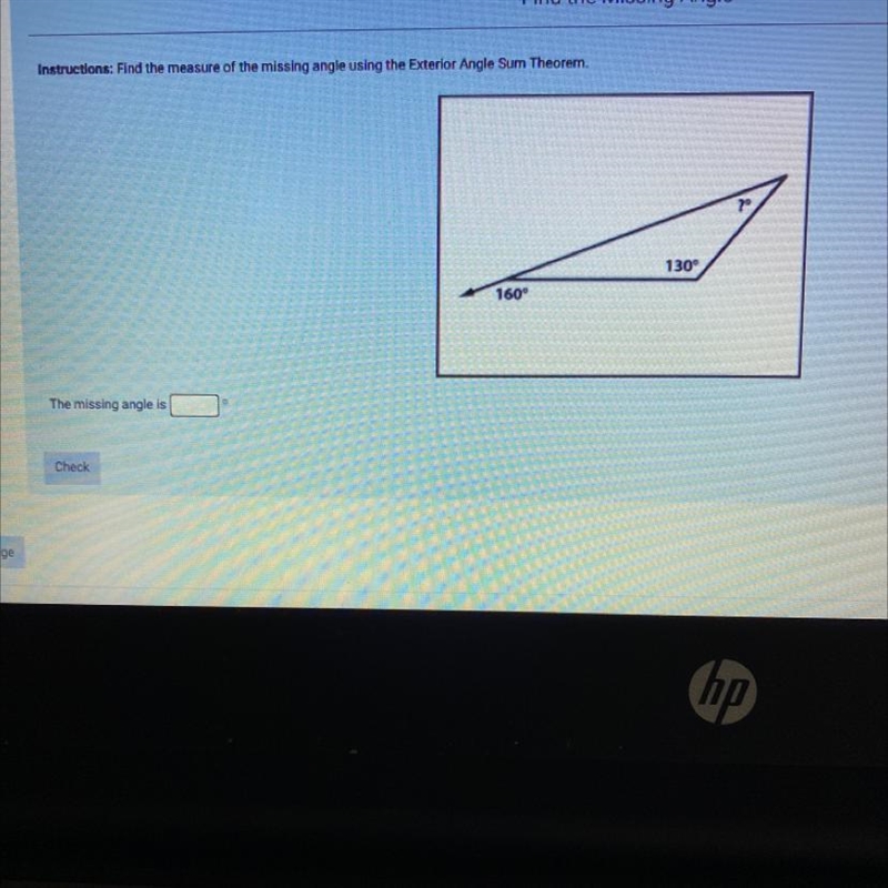 Find the measure of the missing angle using the exterior angle sum theorm-example-1