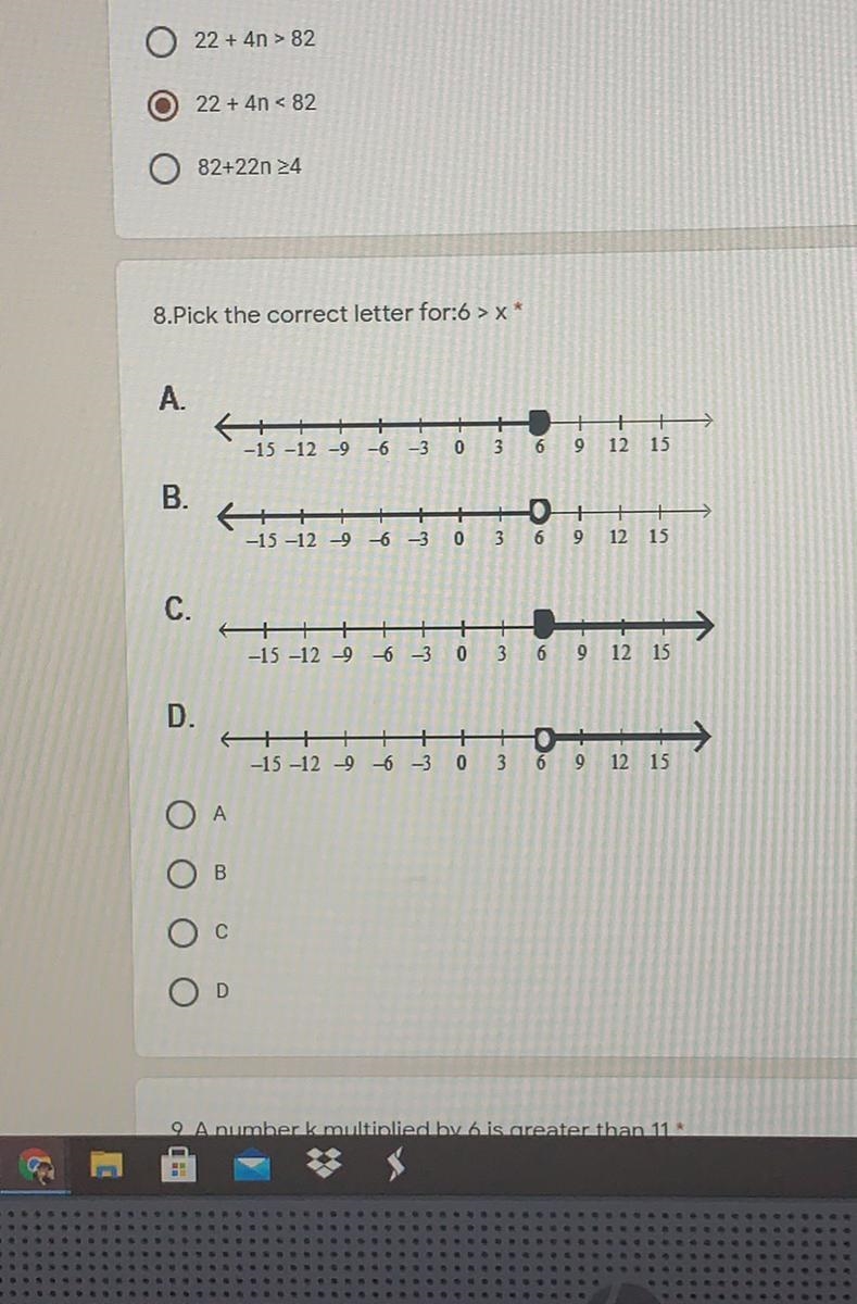 Pick the correct letter for 6>x A B C D-example-1