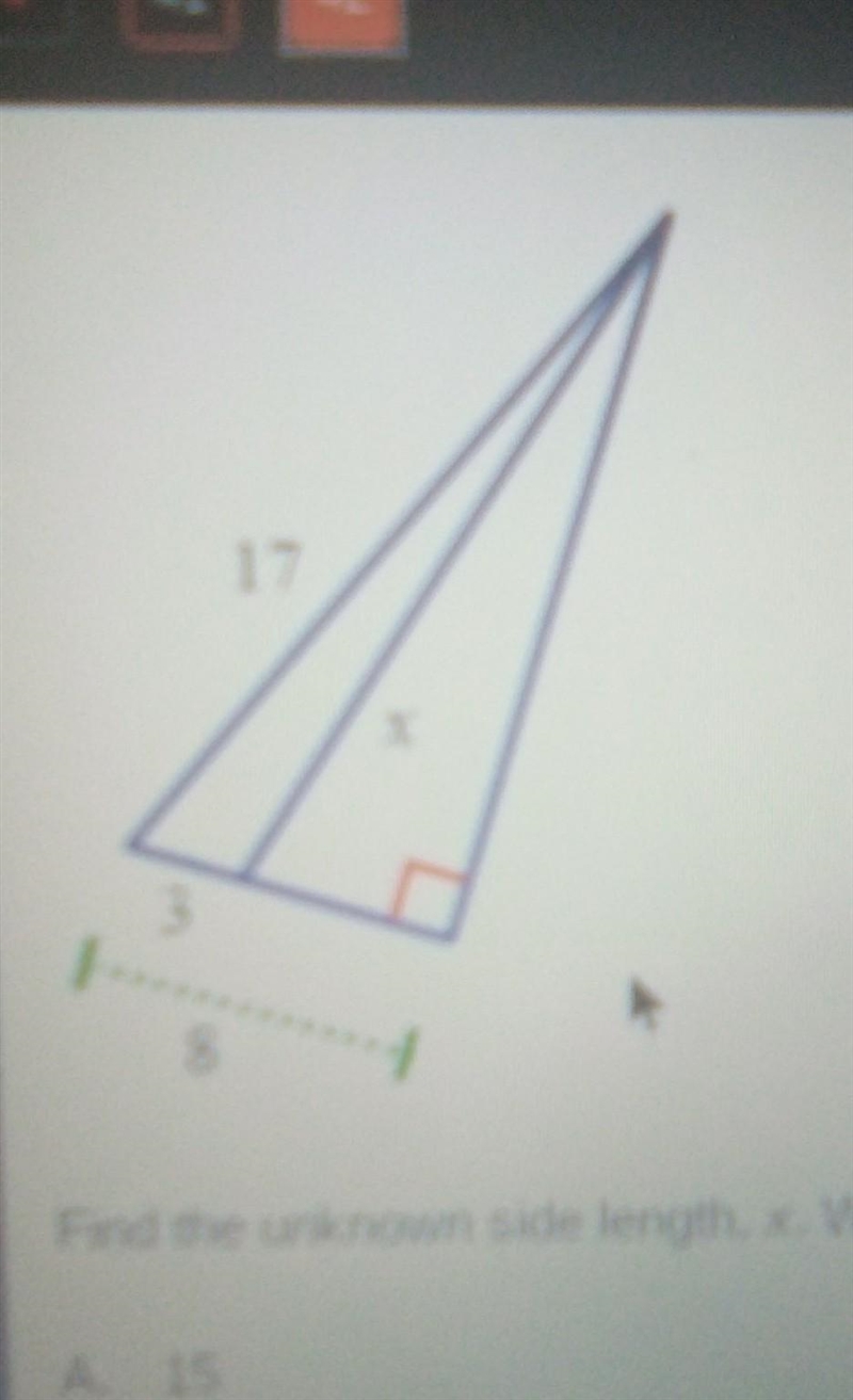 Find the unknown side length x reader answer in simplest radical form. A.15 B.5√10 C-example-1